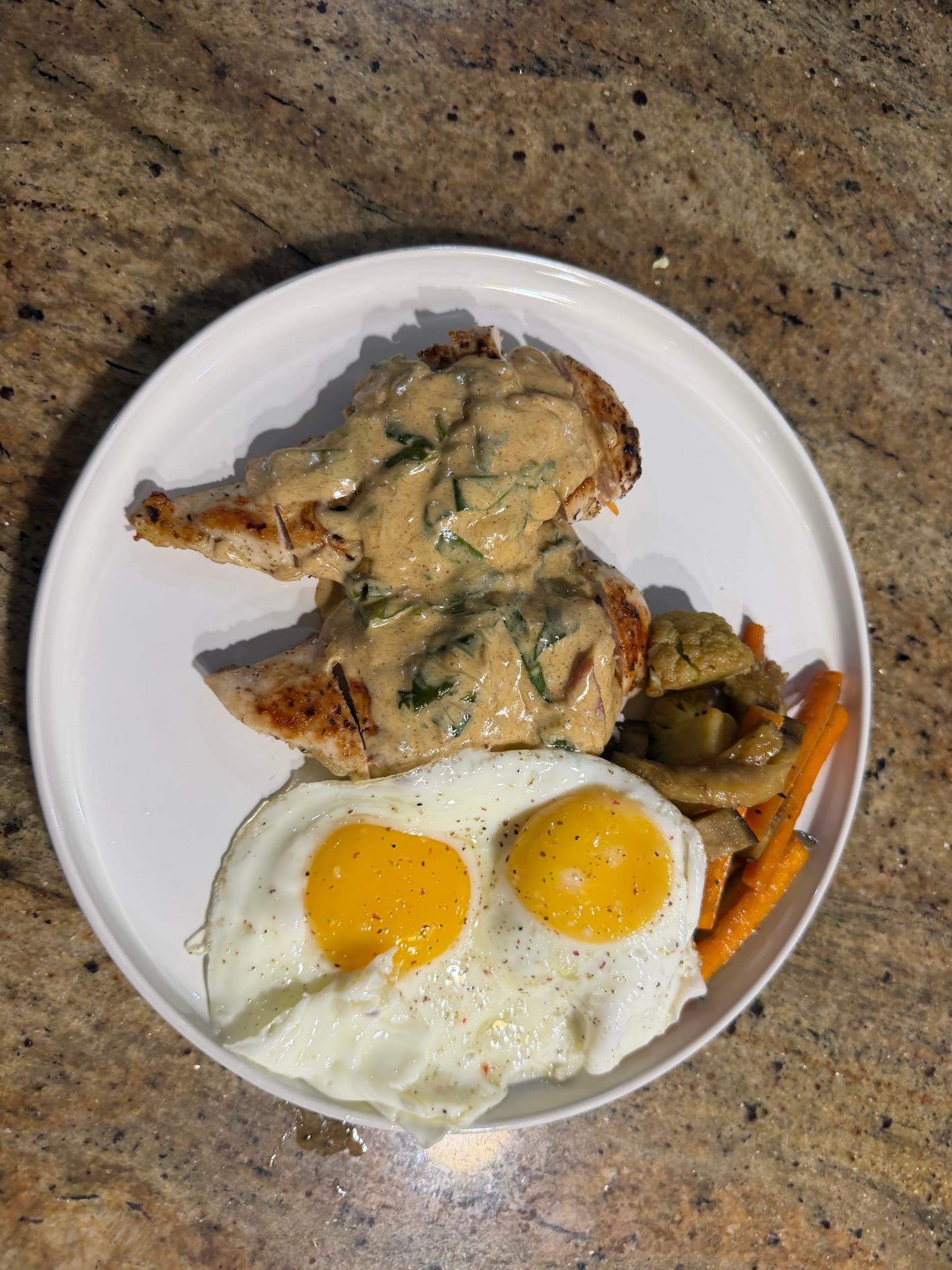 Breakfast plate of seasoned chicken, eggs and roasted vegetables