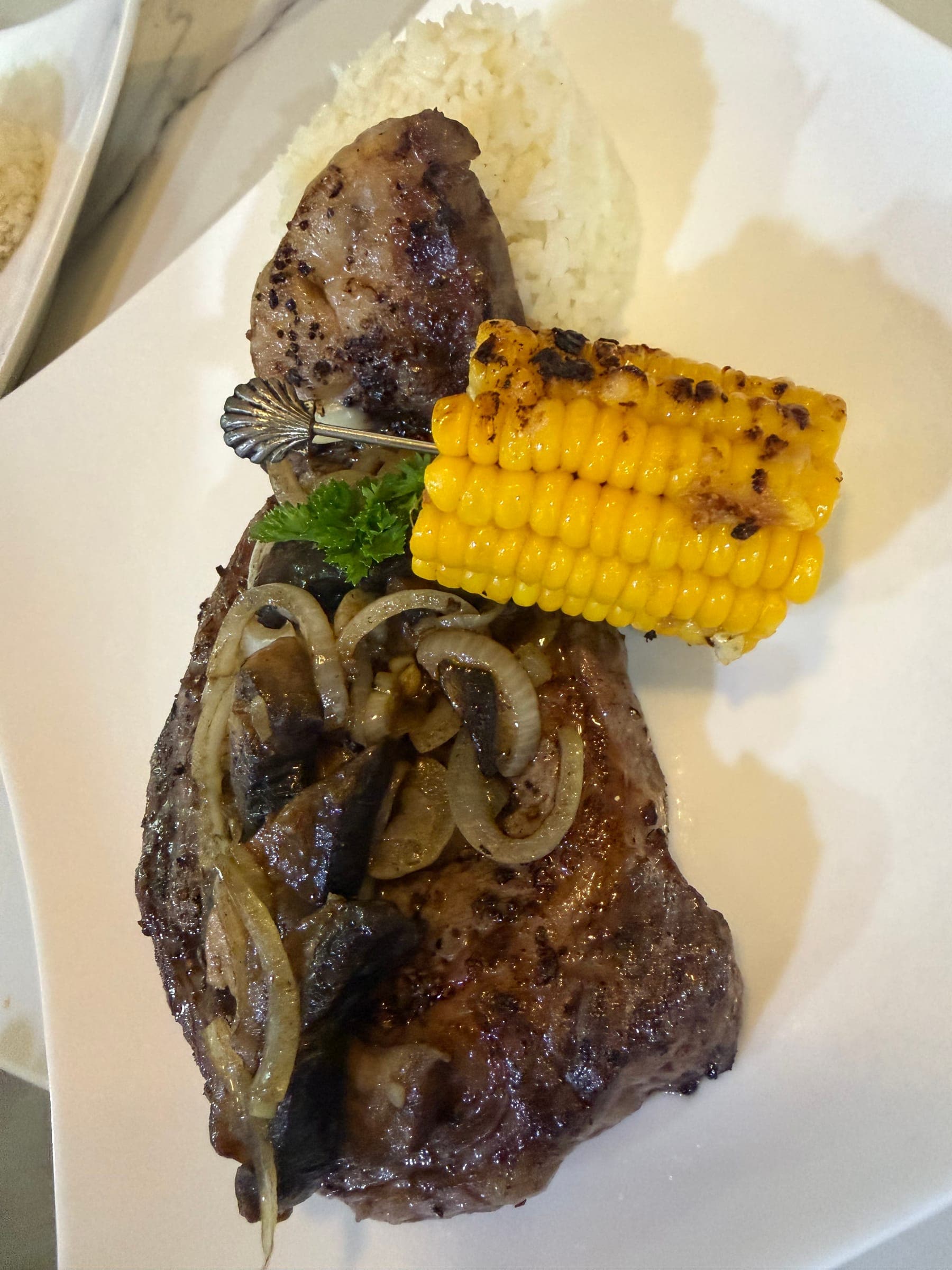 Whole grilled fish with roasted corn